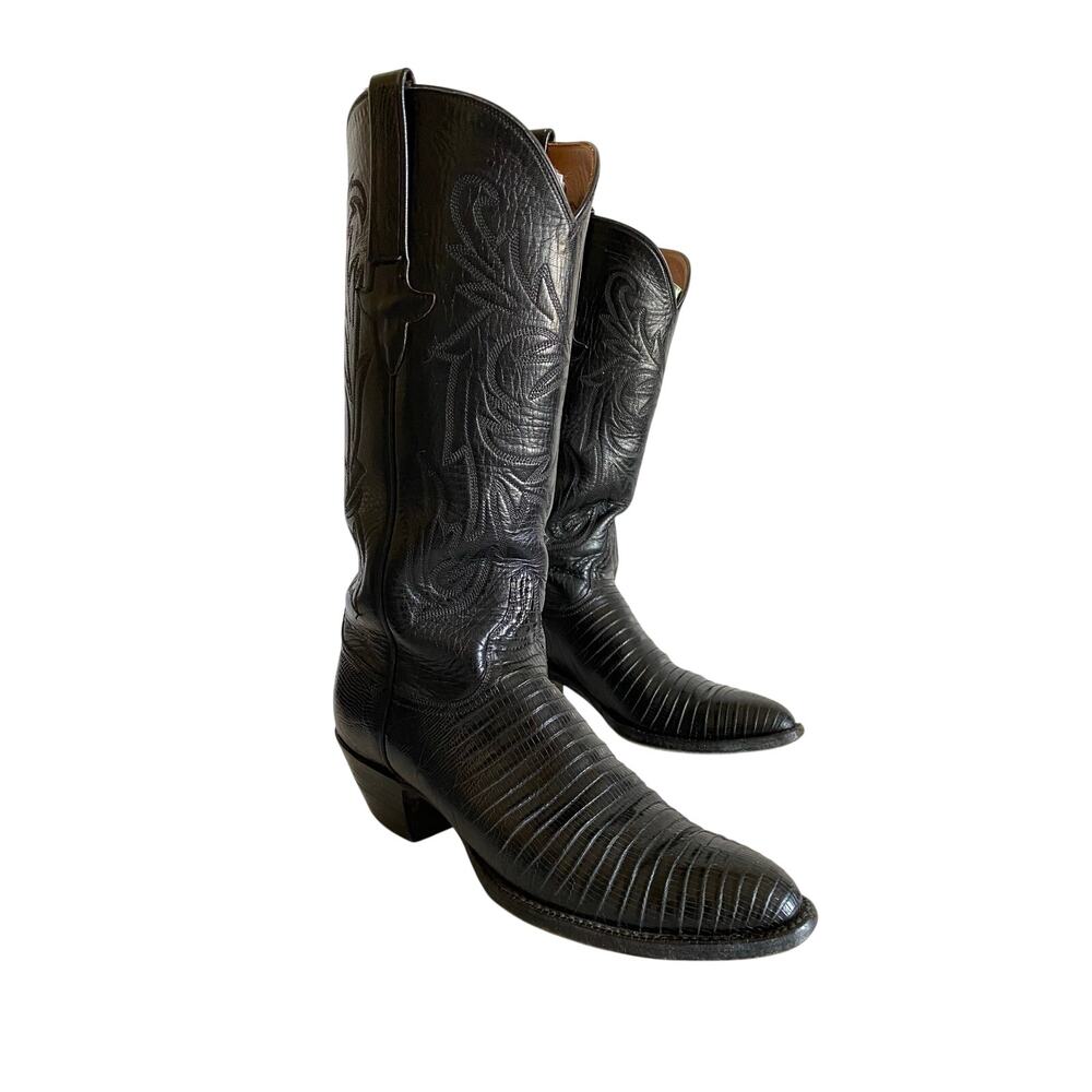 Lucchese Black Teju Lizard Western Boots Womens 7 B Almond Toe Vintage Handmade